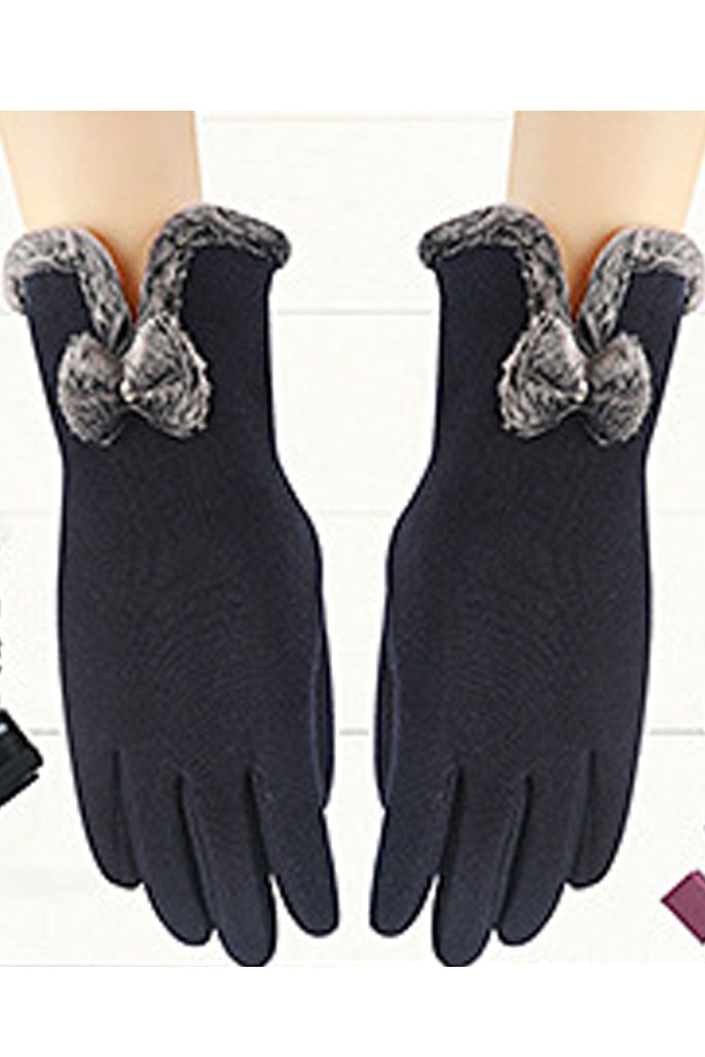 Women Autumn Winter Bow Tie Solid Color Gloves