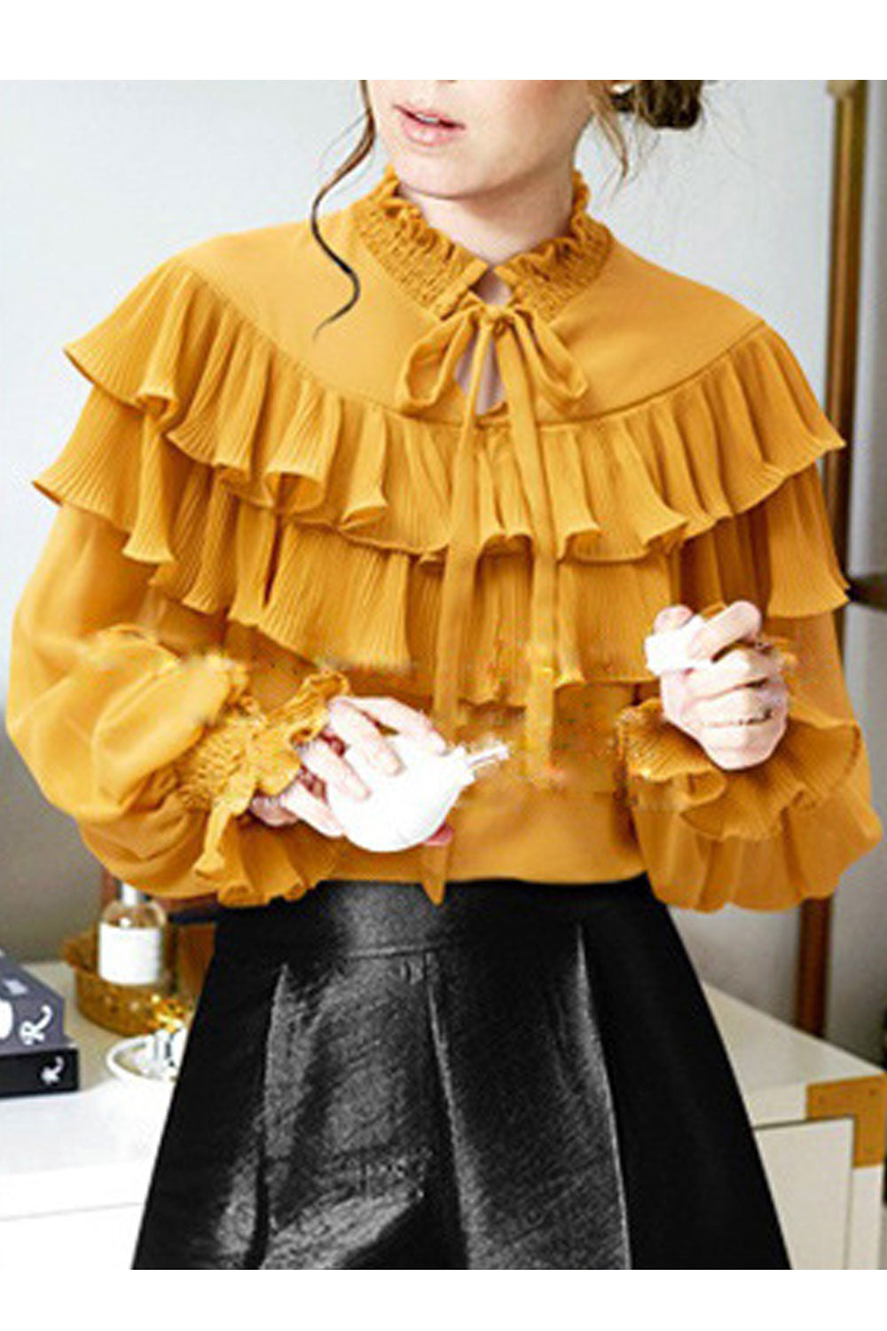 Women Fashionable Stand Collar Ruffles Decorated Top