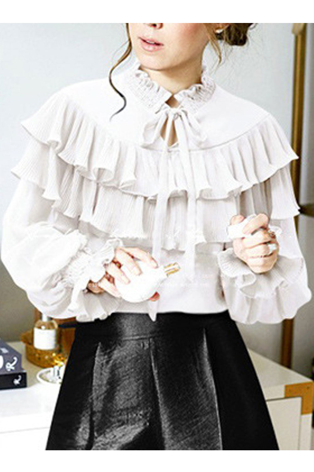 Women Fashionable Stand Collar Ruffles Decorated Top