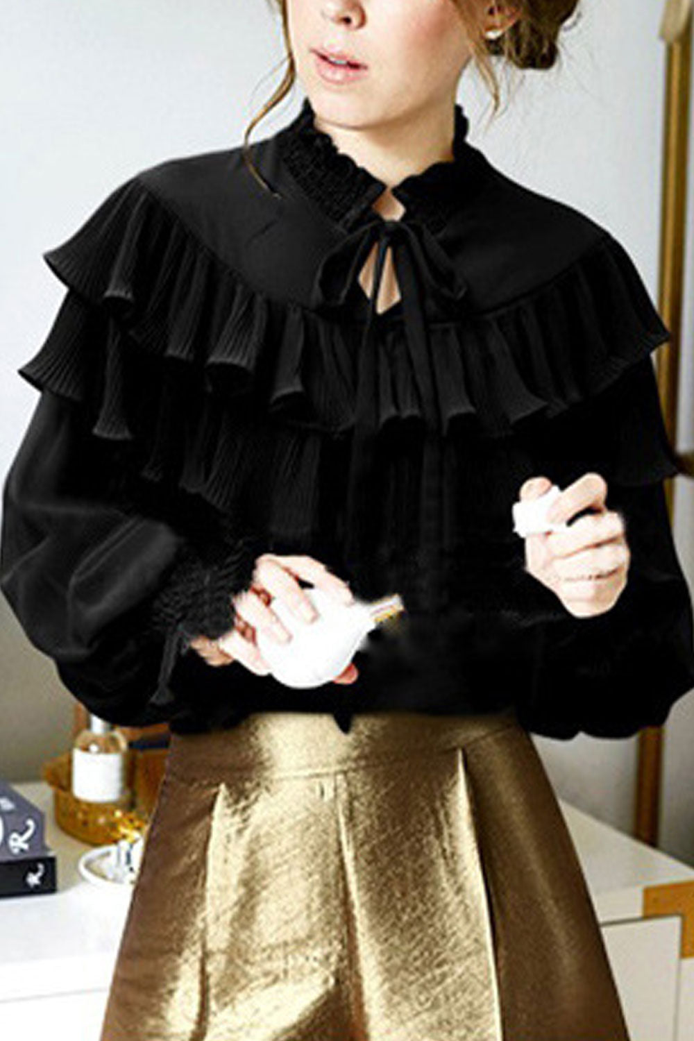 Women Fashionable Stand Collar Ruffles Decorated Top