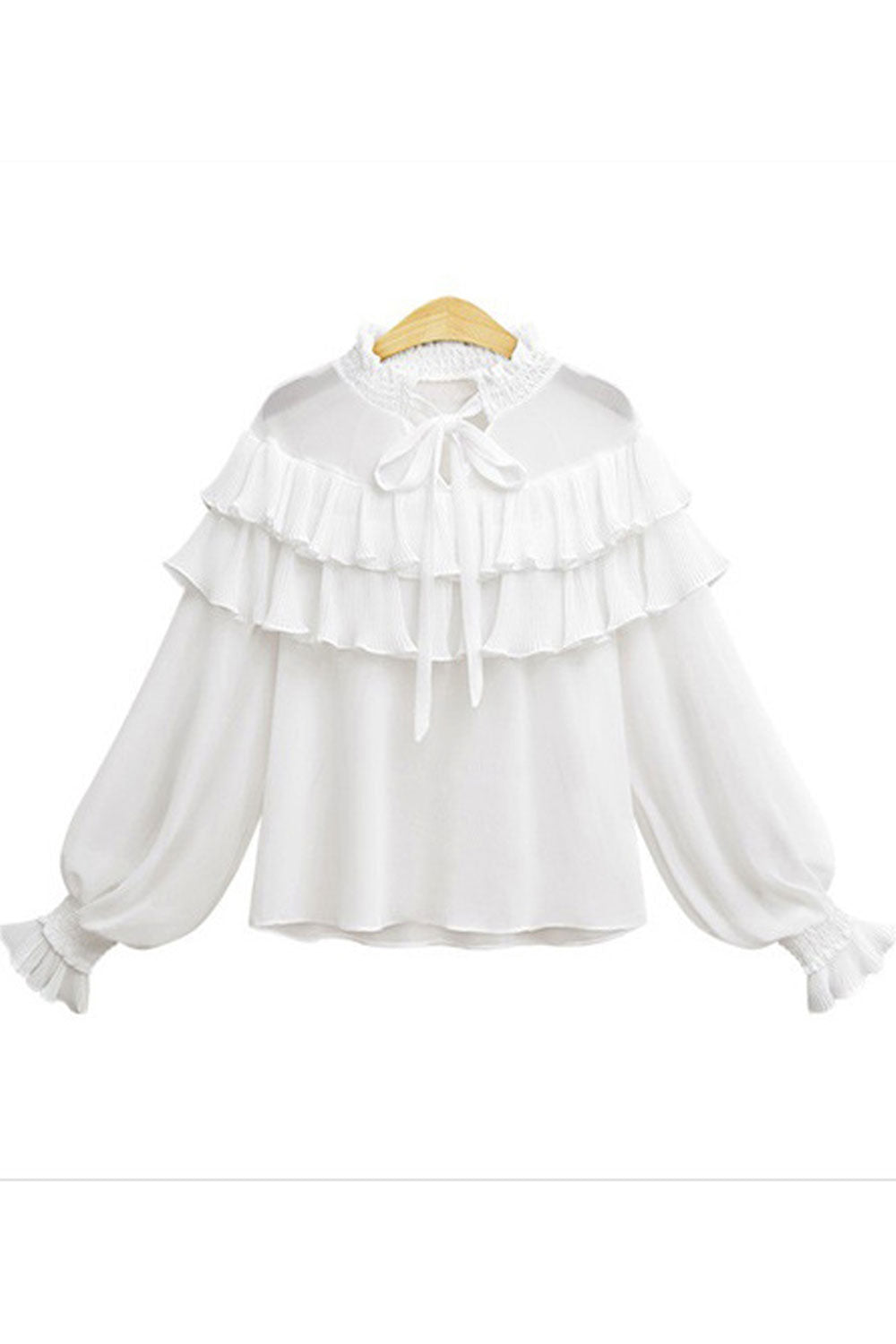 Women Fashionable Stand Collar Ruffles Decorated Top