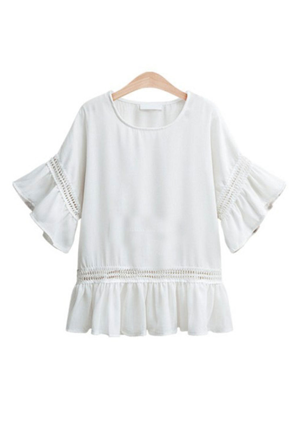 Women Charming Solid Color Ruffled Hem Trumpet Sleeve Top
