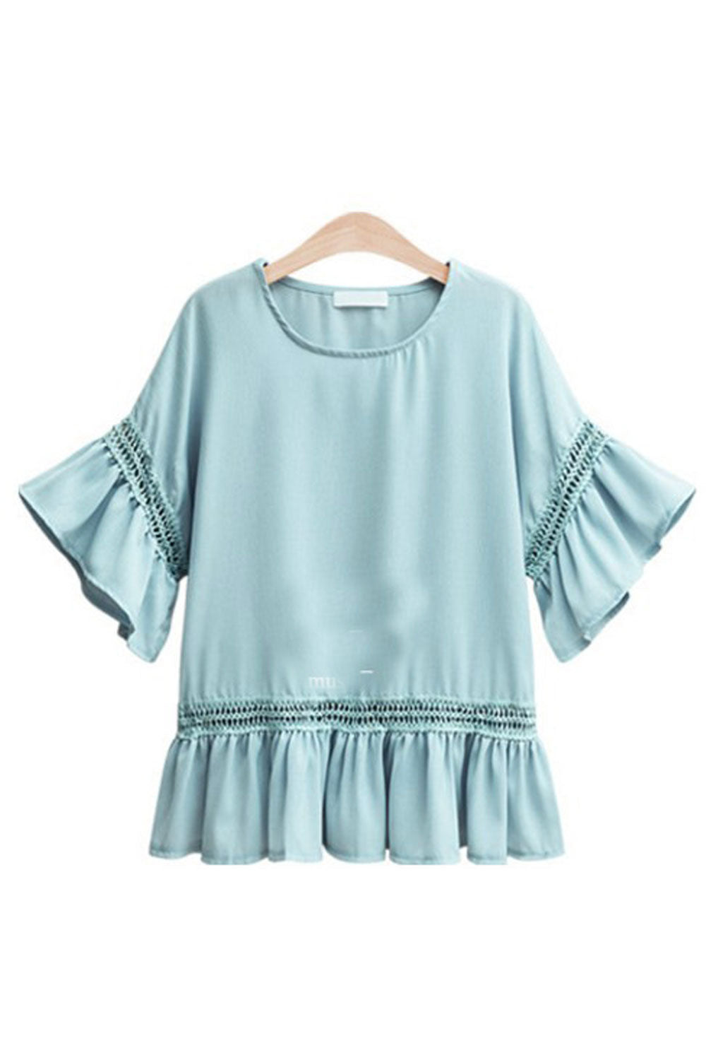 Women Charming Solid Color Ruffled Hem Trumpet Sleeve Top