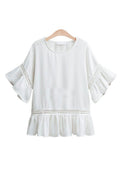 Women Charming Solid Color Ruffled Hem Trumpet Sleeve Top