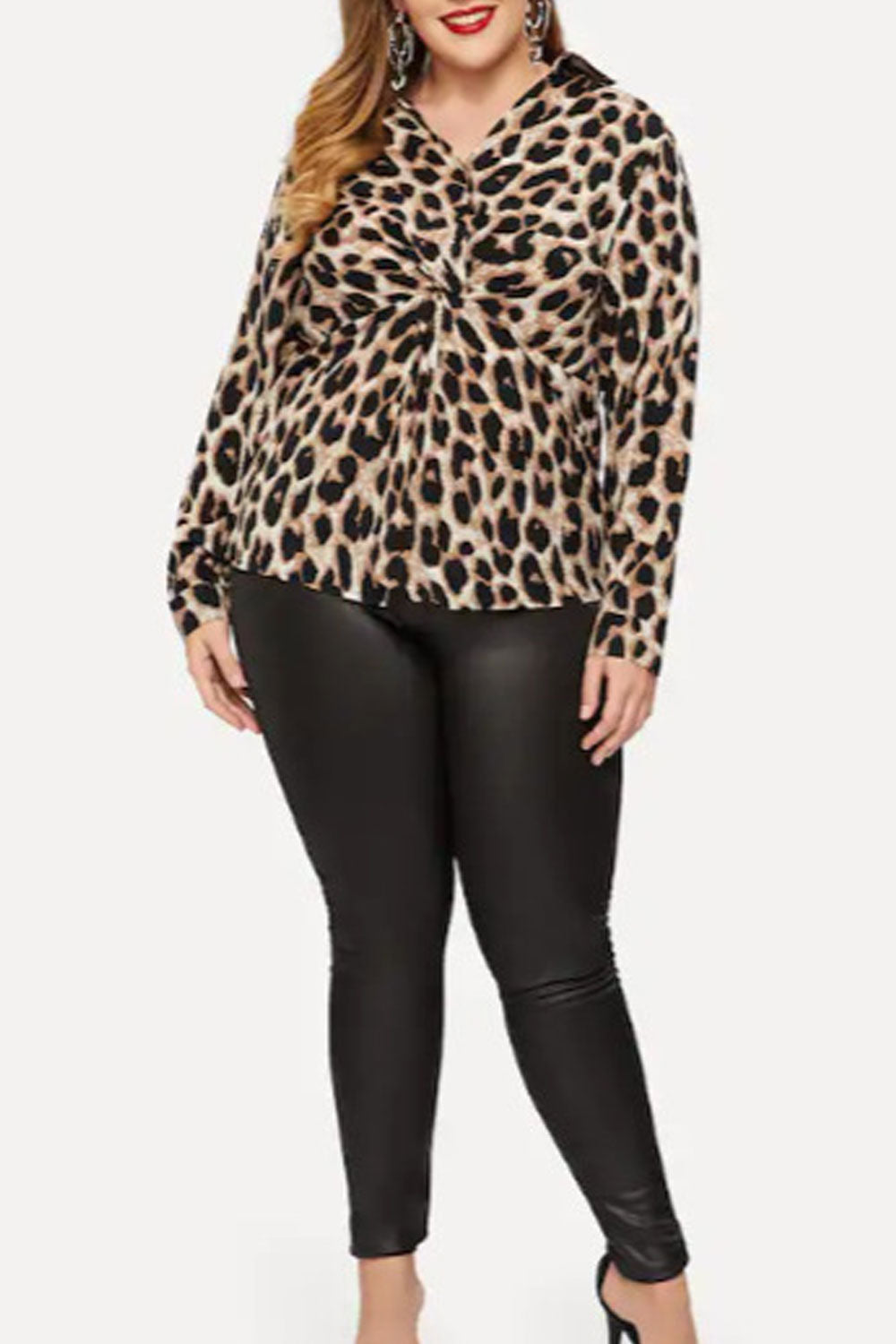 Women Fashion Leopard Pattern V Neck Long Sleeves Top
