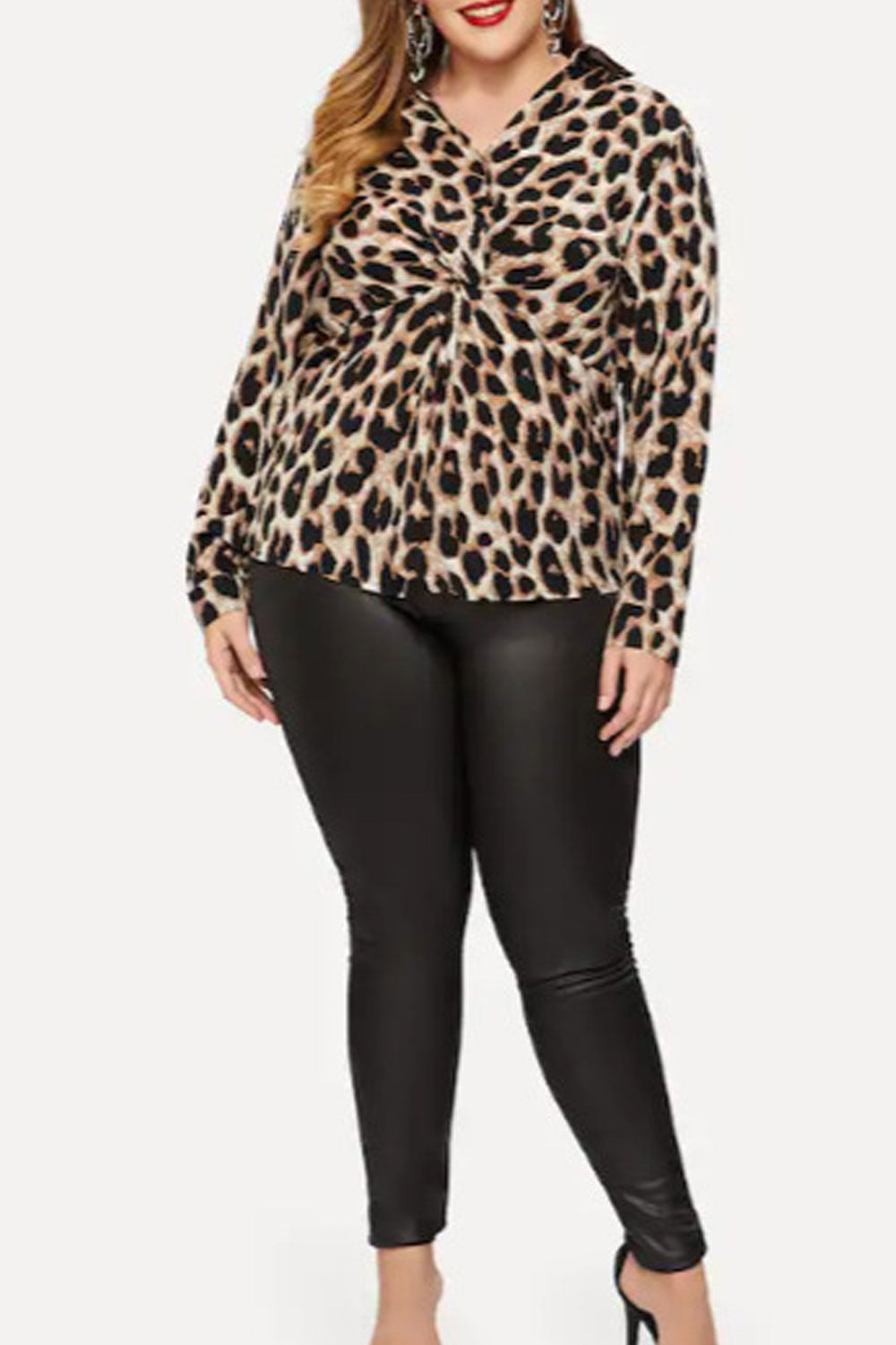 Women Fashion Leopard Pattern V Neck Long Sleeves Top