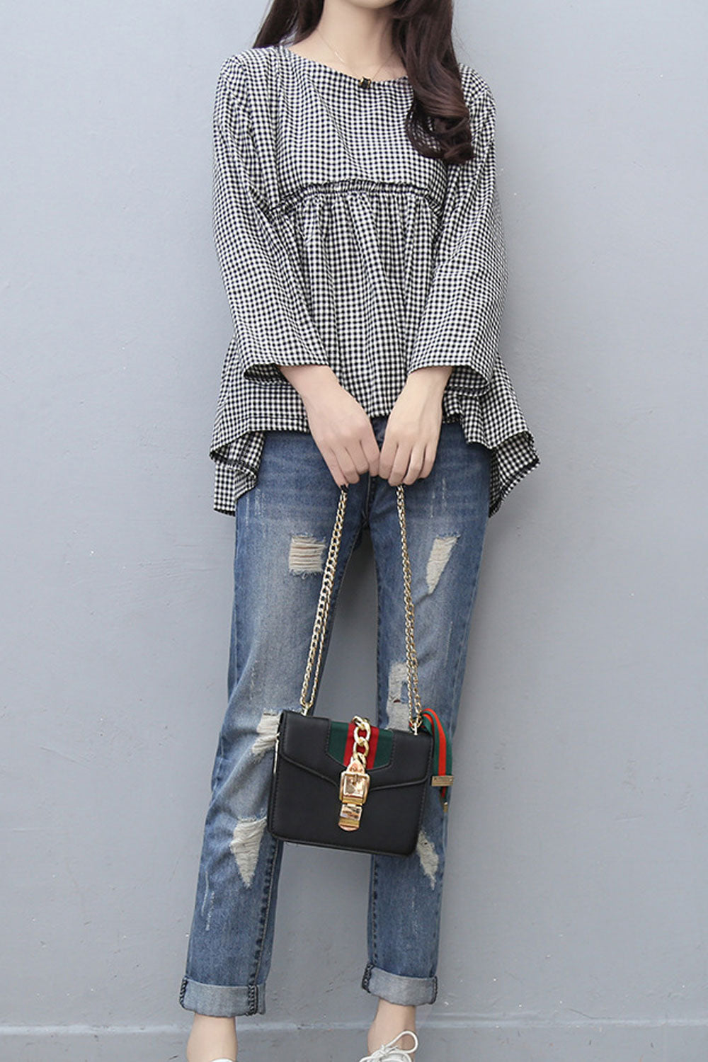 Women Autumn Plaid Pattern Long Sleeve Round Neck Top
