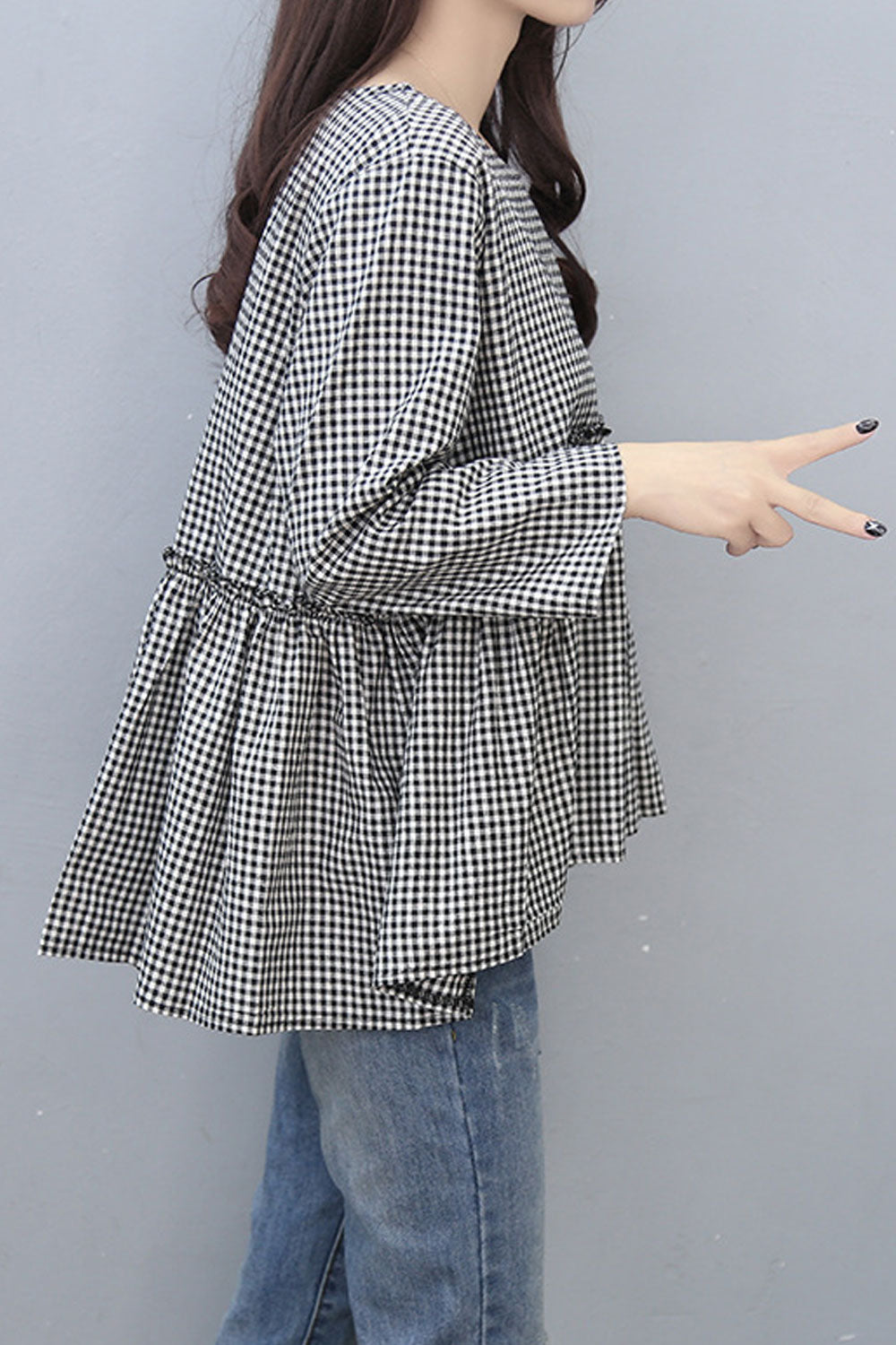 Women Autumn Plaid Pattern Long Sleeve Round Neck Top