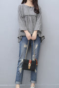 Women Autumn Plaid Pattern Long Sleeve Round Neck Top