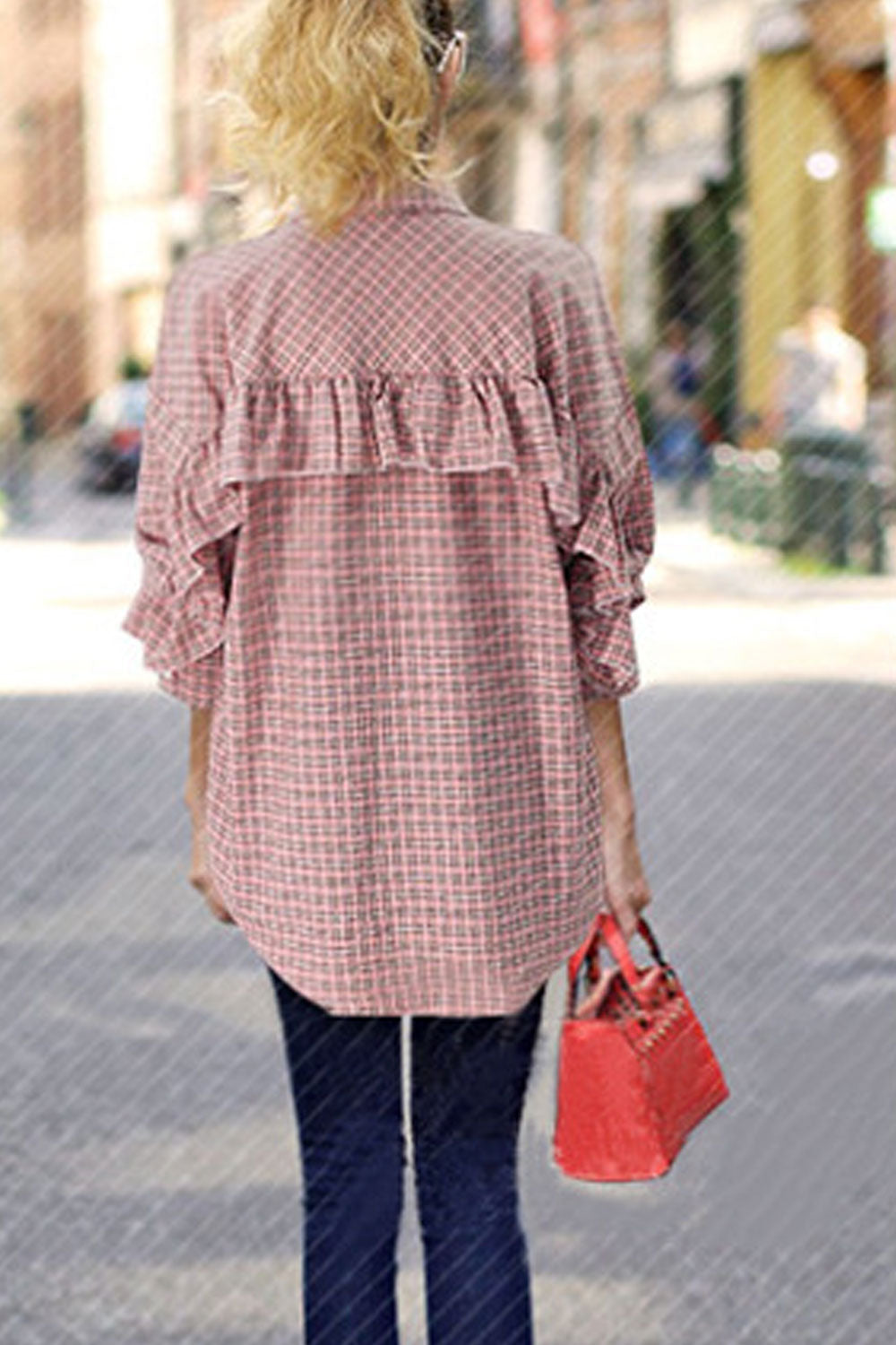 Women Lovely Plaid Pattern Long Sleeves Pockets Top