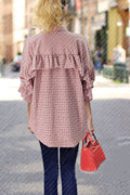 Women Lovely Plaid Pattern Long Sleeves Pockets Top