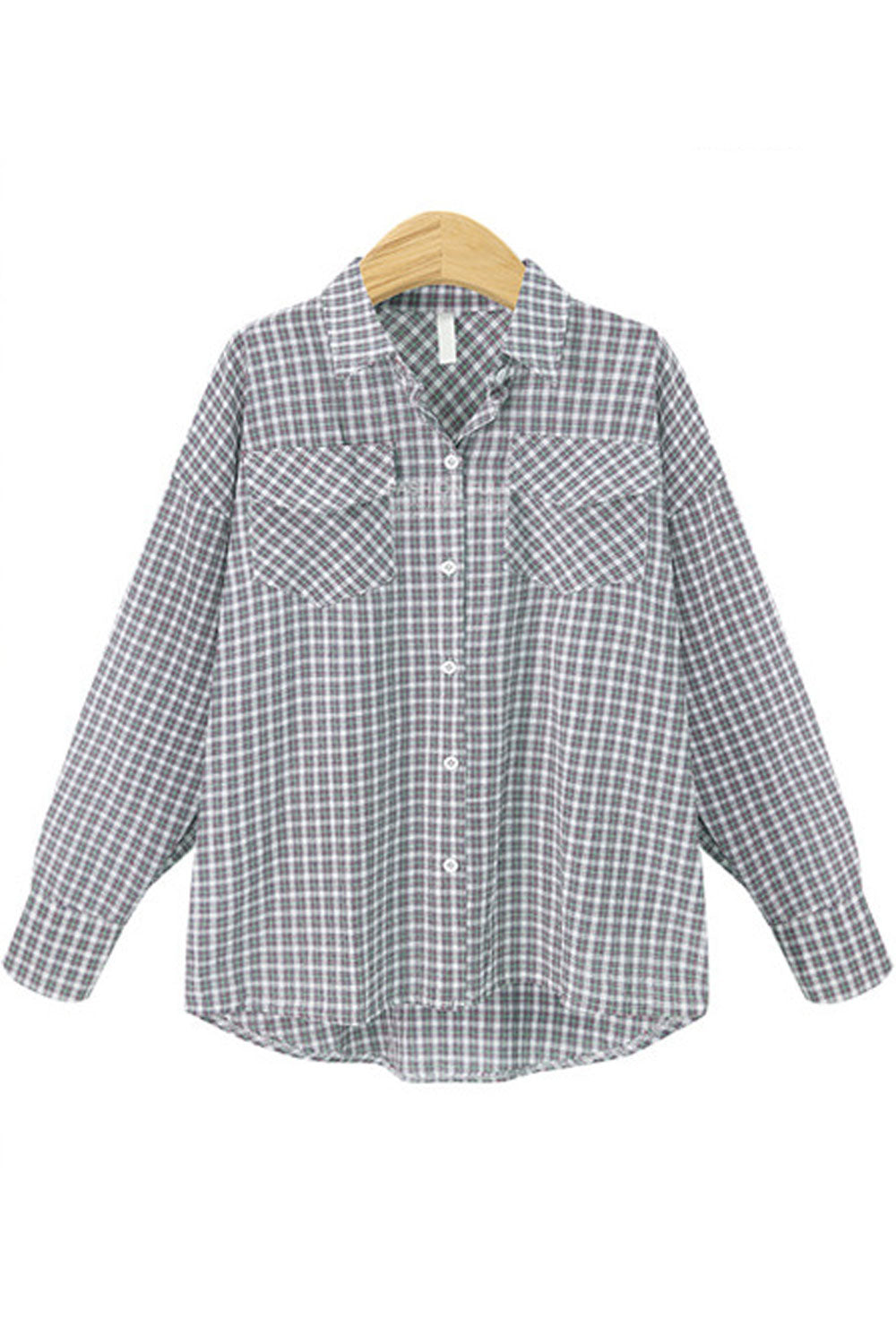 Women Lovely Plaid Pattern Long Sleeves Pockets Top
