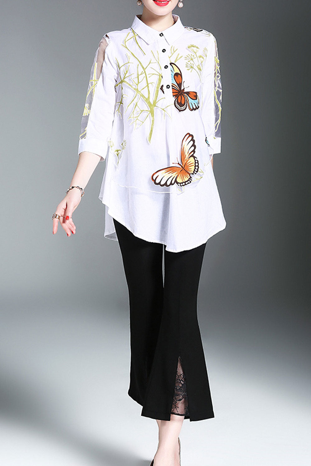 Women Dazzling Butterfly Floral Pattern Lapel Collar Top