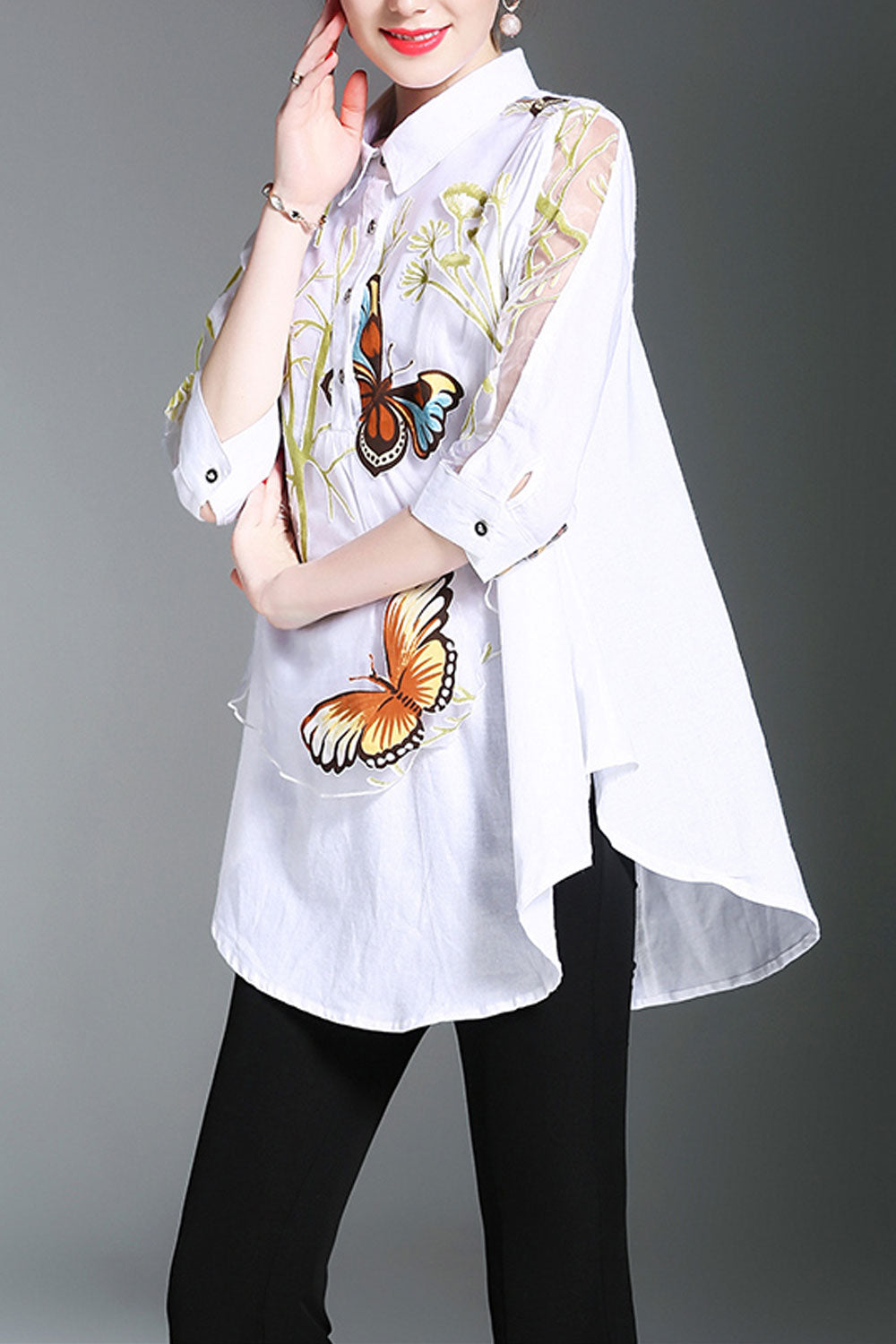 Women Dazzling Butterfly Floral Pattern Lapel Collar Top