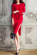 Women Charming Solid Color Irregular Skirt Waist Bow Dress
