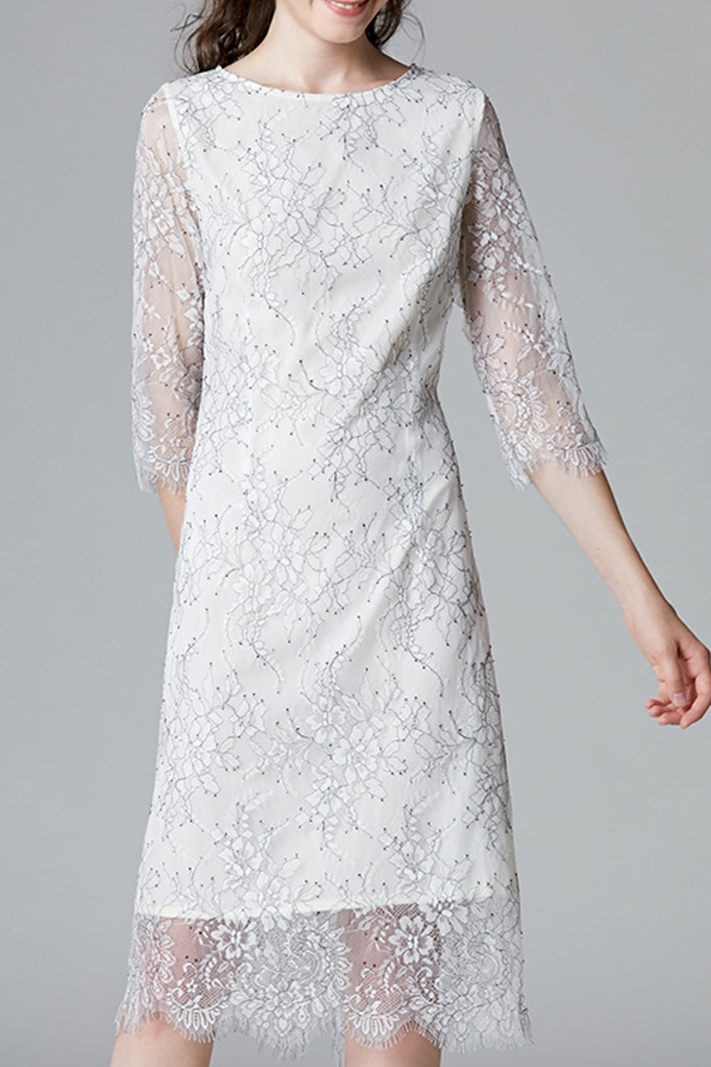 Women Charming White Color Floral Lace Round Neck Dress