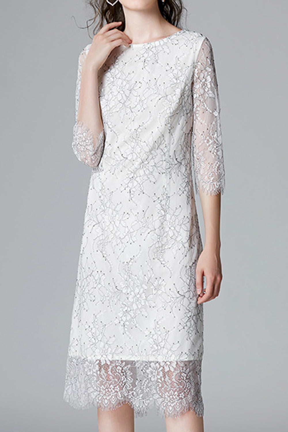 Women Charming White Color Floral Lace Round Neck Dress