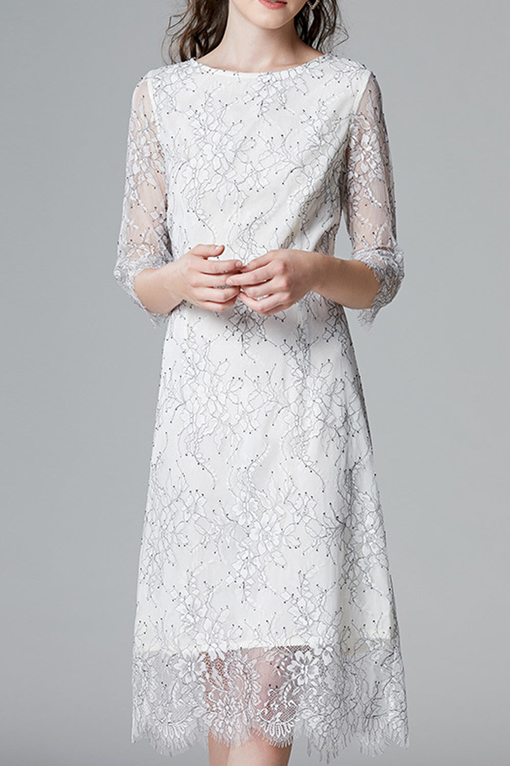 Women Charming White Color Floral Lace Round Neck Dress