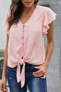 Women Loose Fit V-Neck Knotted Hem Ruffled Sleeve Top