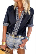 Women Elbow Sleeve Embroidered Lace V-Neck Shirt