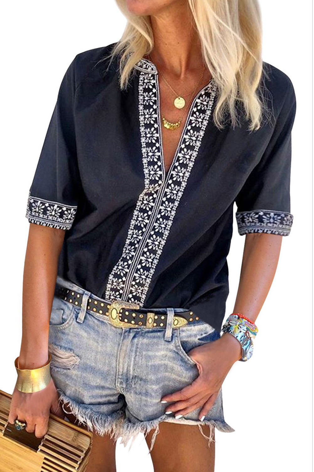 Women Elbow Sleeve Embroidered Lace V-Neck Shirt