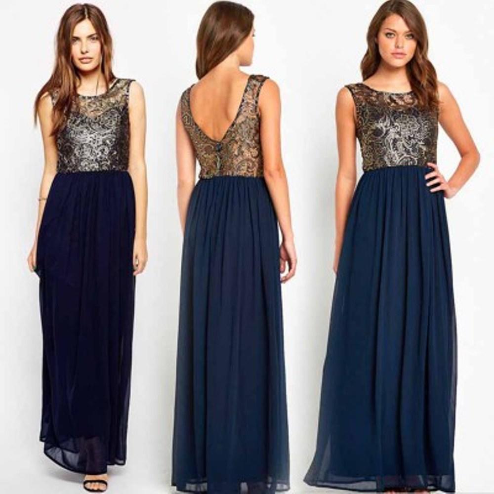 Women Golden Lace Round Neck Pleated Long Dress Maxi Dress Navy