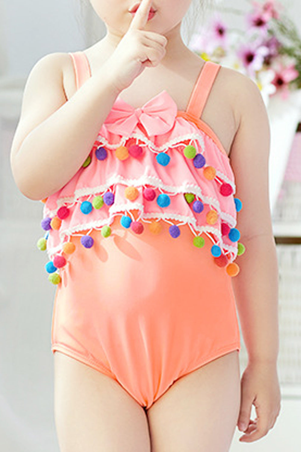 Baby Girls Lace Ball Bow decorated Strap Neck Swimsuit