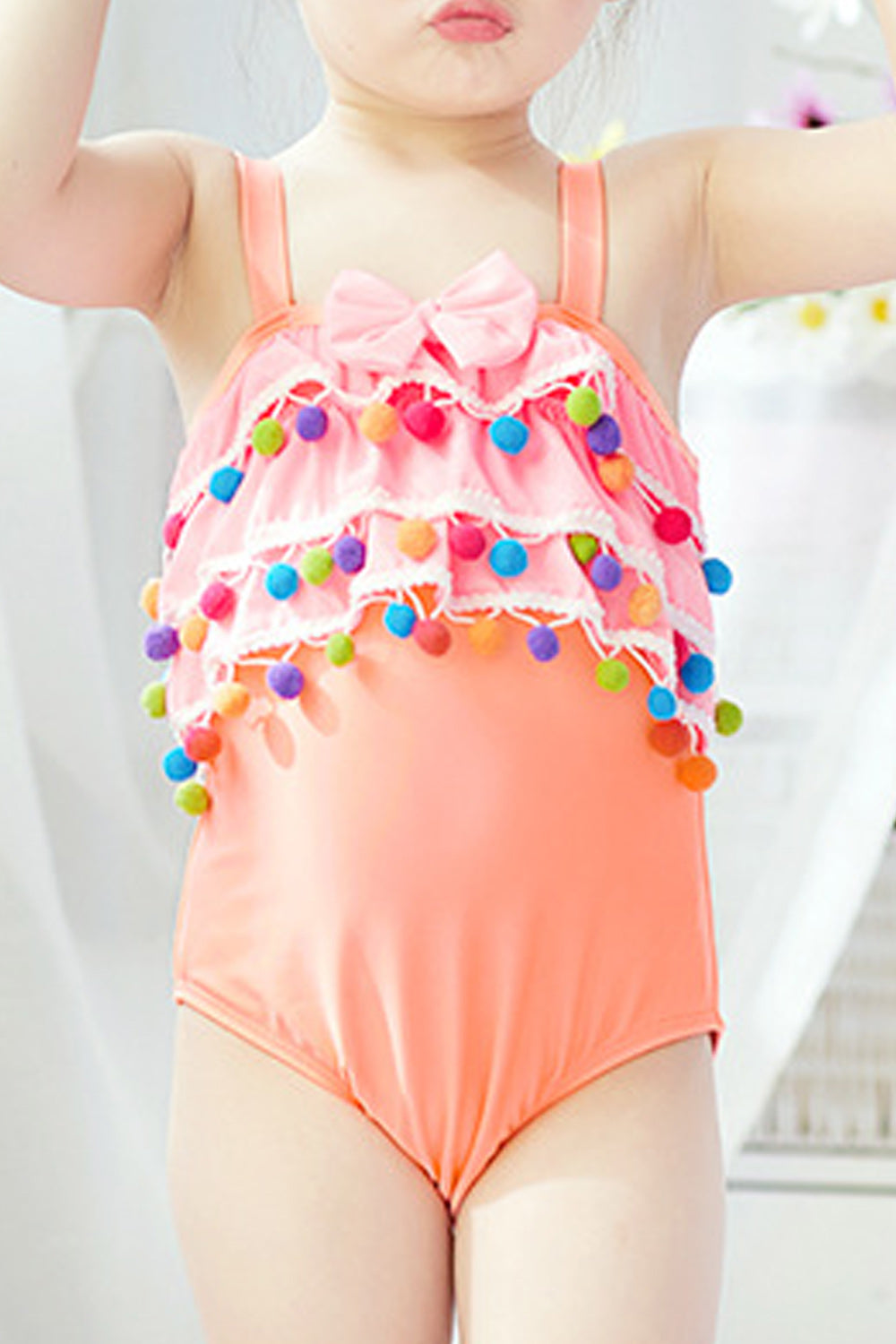 Baby Girls Lace Ball Bow decorated Strap Neck Swimsuit
