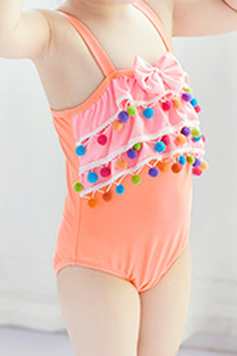 Baby Girls Lace Ball Bow decorated Strap Neck Swimsuit