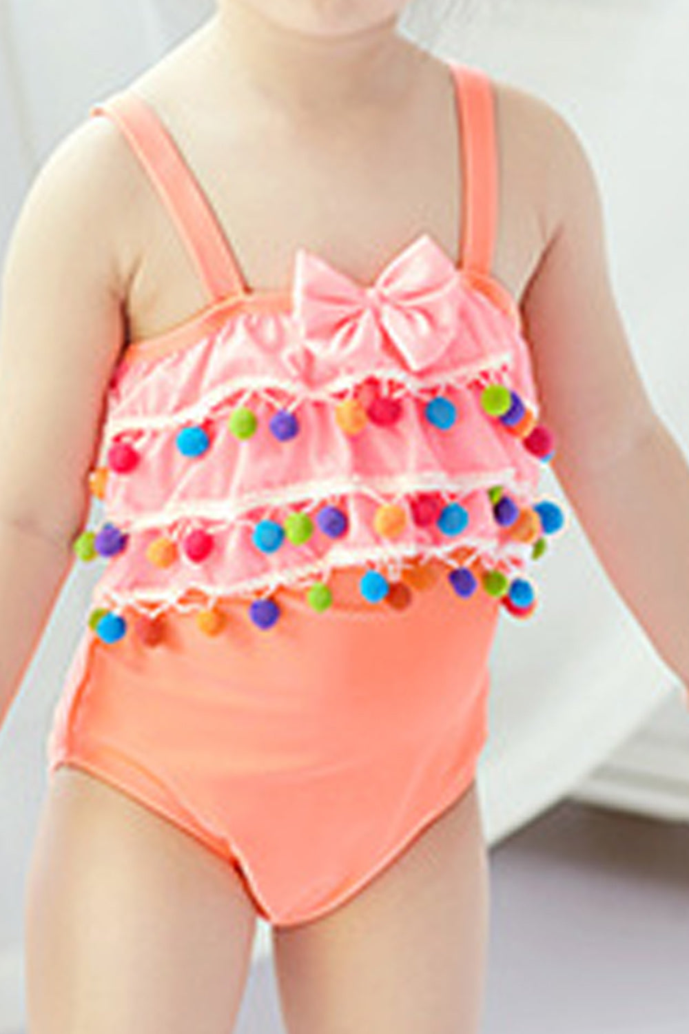 Baby Girls Lace Ball Bow decorated Strap Neck Swimsuit