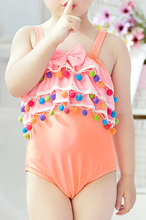 Baby Girls Lace Ball Bow decorated Strap Neck Swimsuit