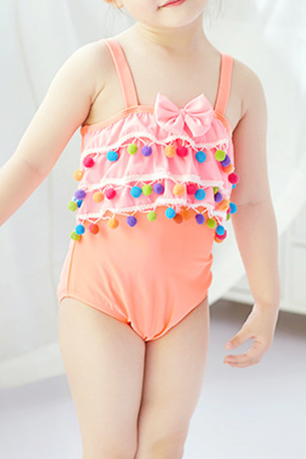 Baby Girls Lace Ball Bow decorated Strap Neck Swimsuit