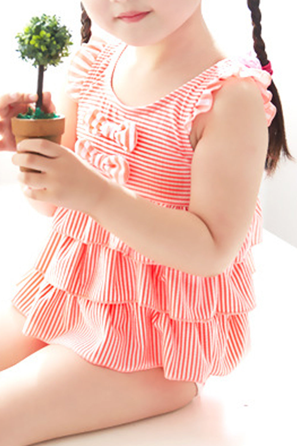 Baby Girls Striped Pattern Round Neck One Piece Swimsuit