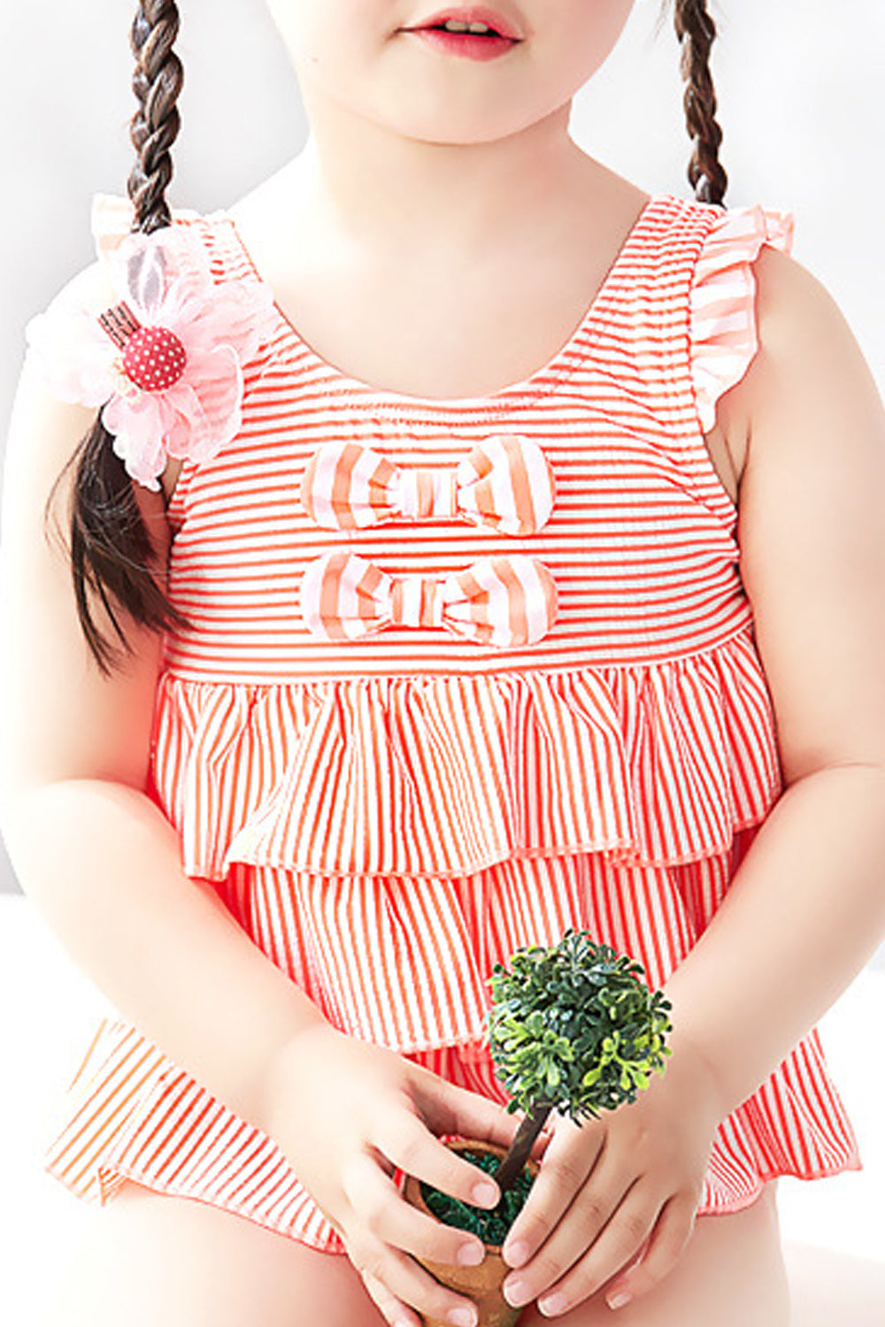 Baby Girls Striped Pattern Round Neck One Piece Swimsuit