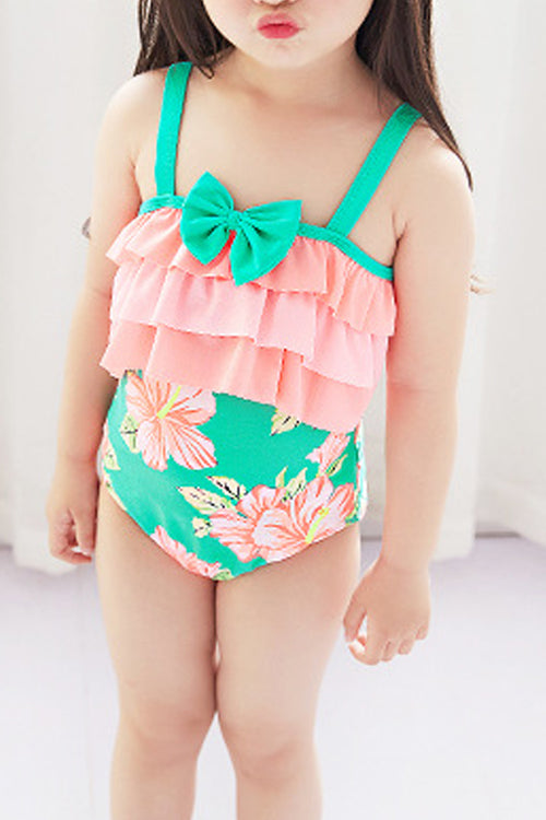 Baby Girls Floral Printed Bow Decorated Swimsuit