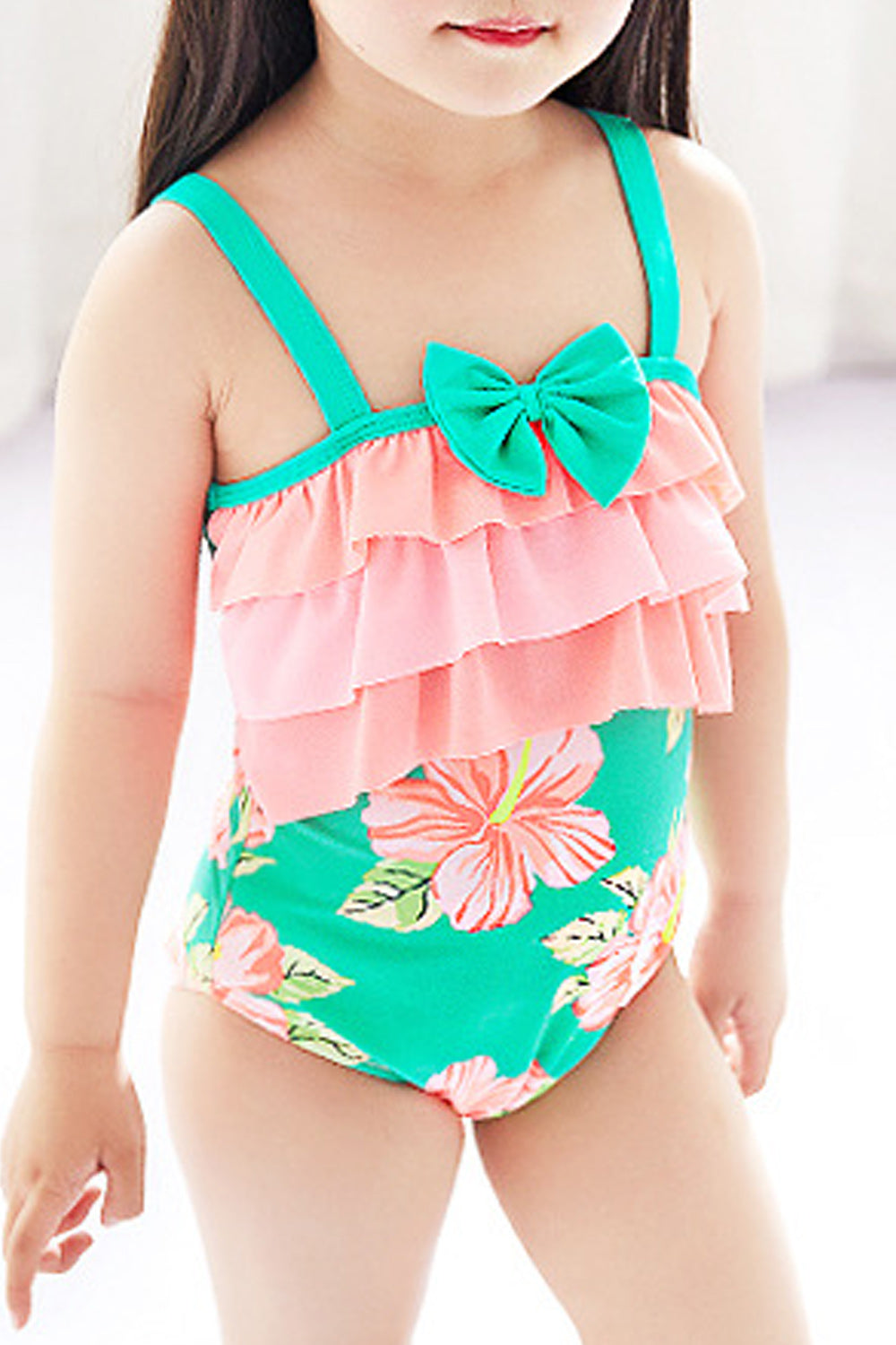 Baby Girls Floral Printed Bow Decorated Swimsuit