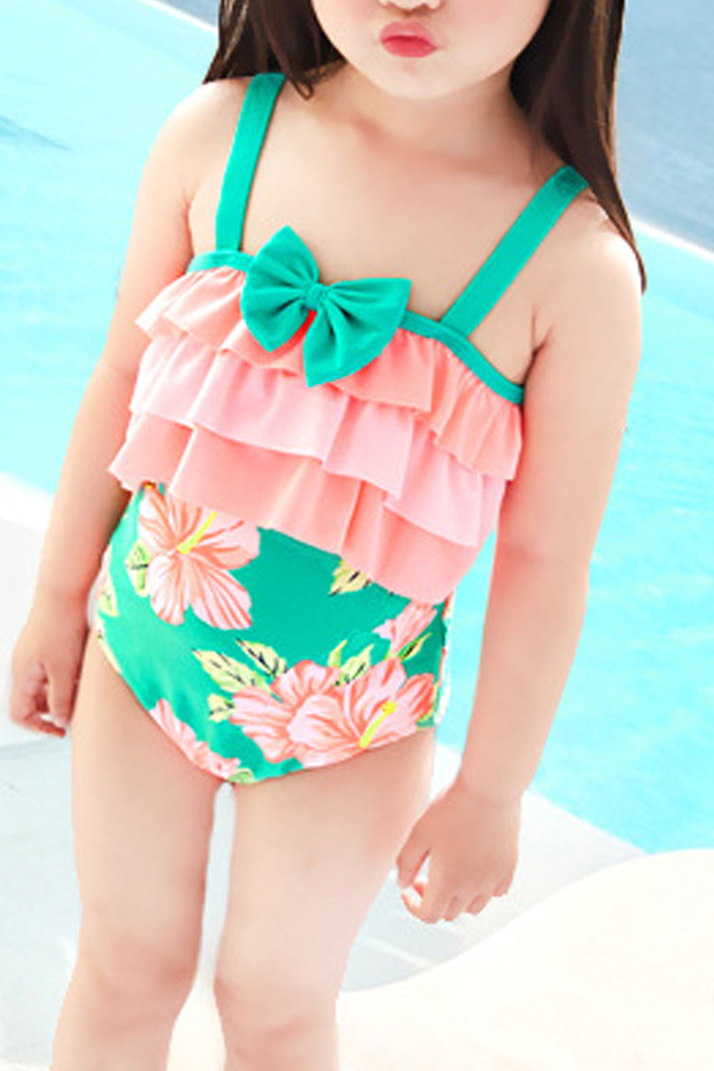 Baby Girls Floral Printed Bow Decorated Swimsuit