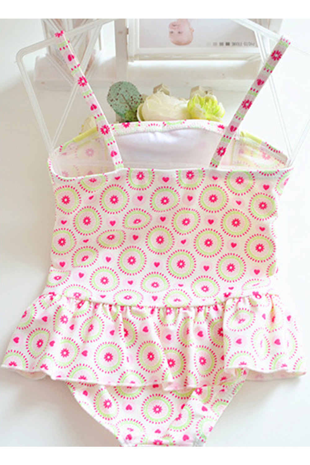 Baby Girls Bow Decorated Floral Printed Strap Neck Swimsuit