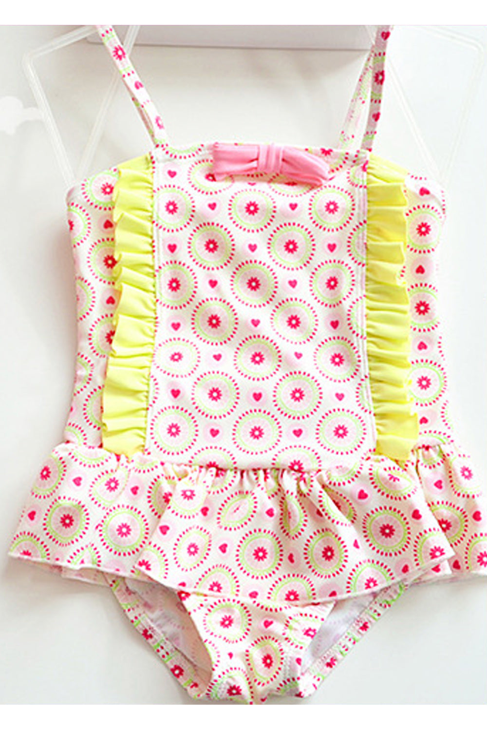 Baby Girls Bow Decorated Floral Printed Strap Neck Swimsuit