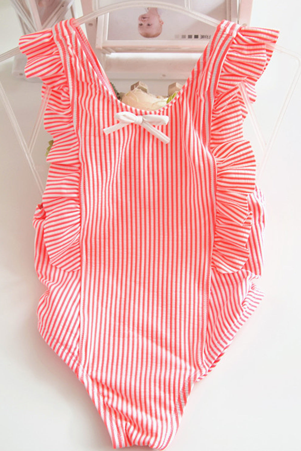Baby Girls Trim Ruffled Bow Decoration Thin Striped swimsuit