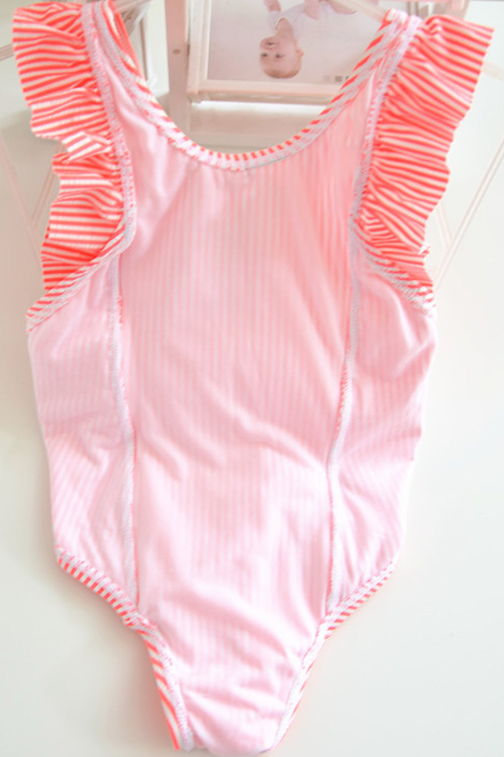 Baby Girls Trim Ruffled Bow Decoration Thin Striped swimsuit