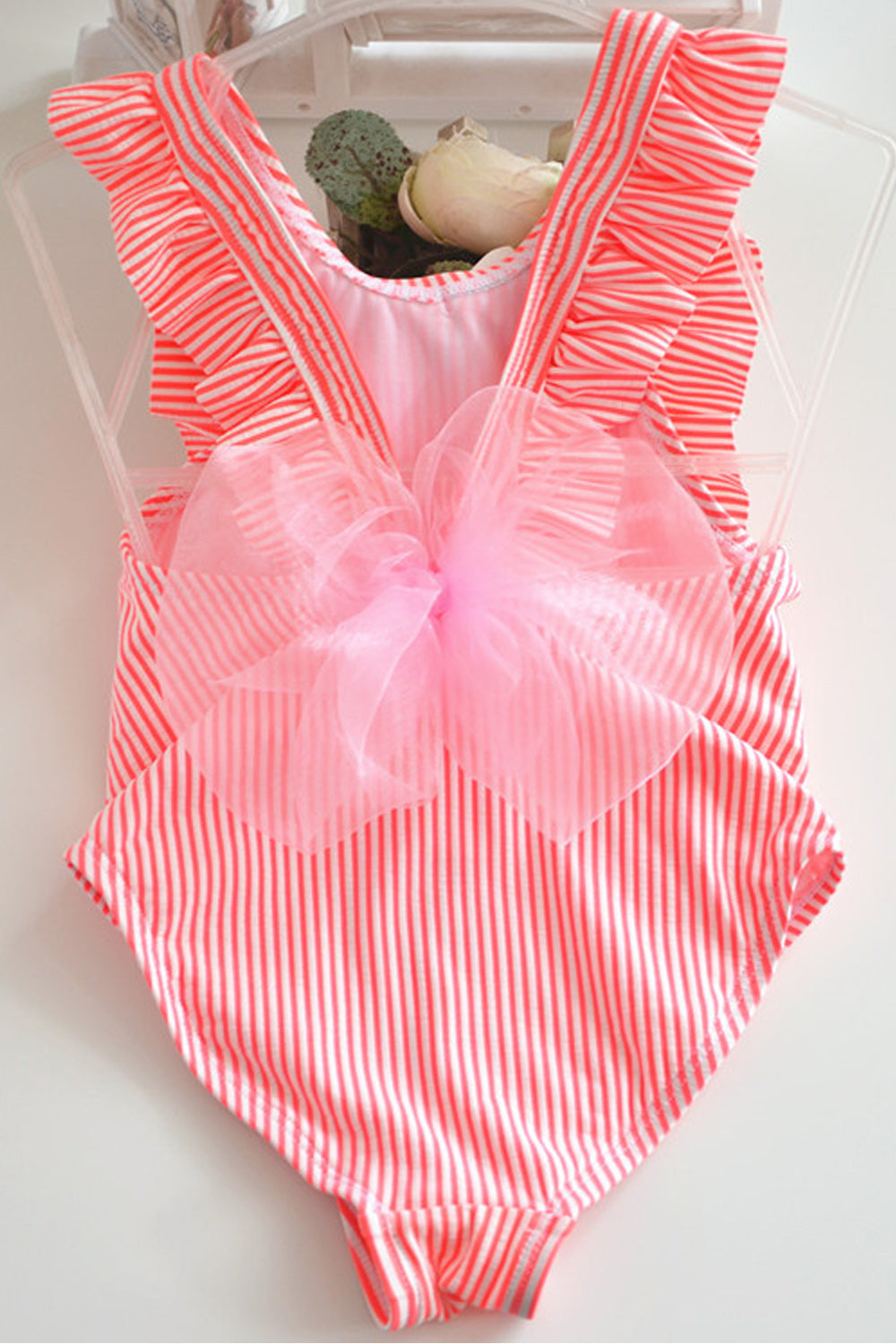 Baby Girls Trim Ruffled Bow Decoration Thin Striped swimsuit