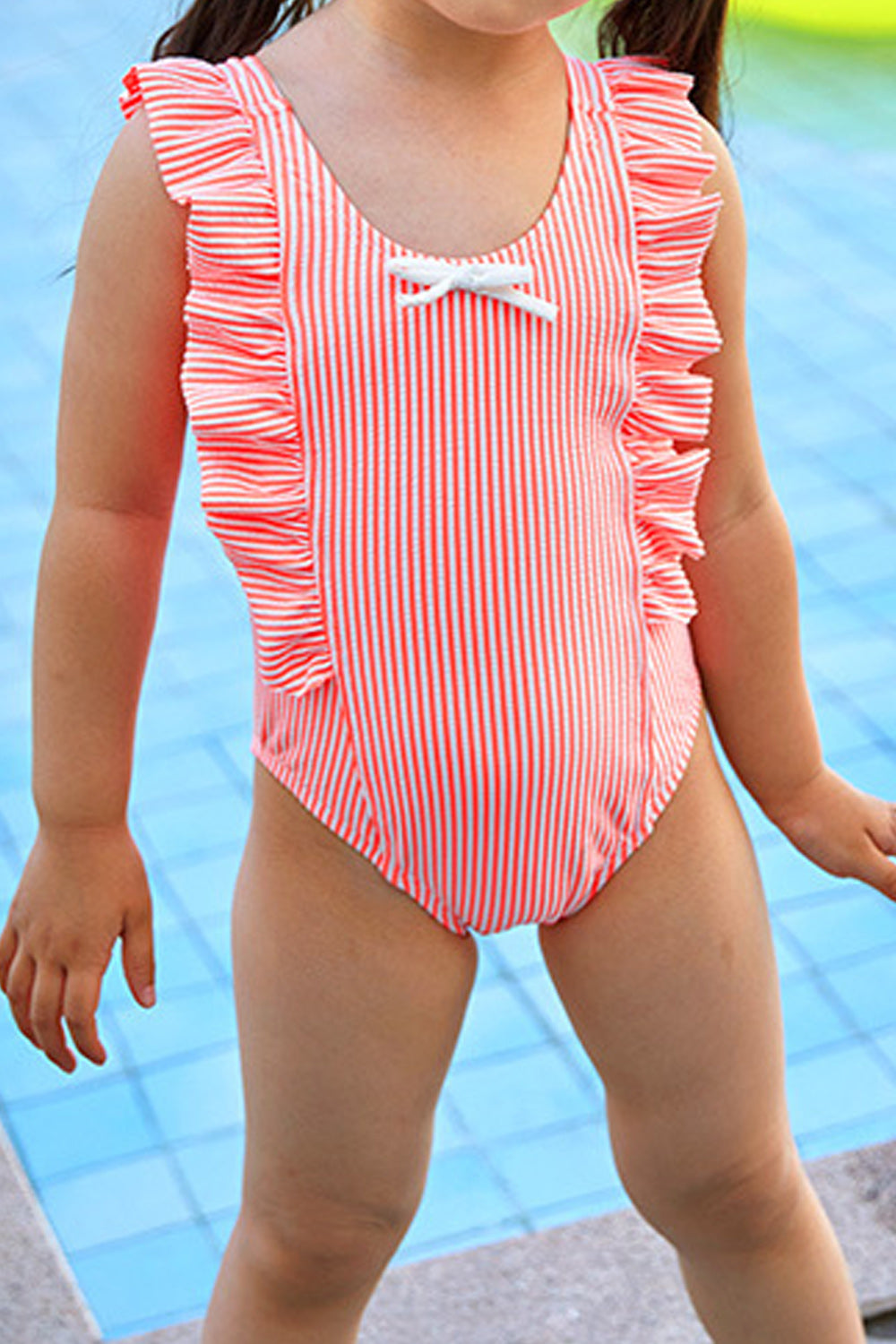 Baby Girls Trim Ruffled Bow Decoration Thin Striped swimsuit
