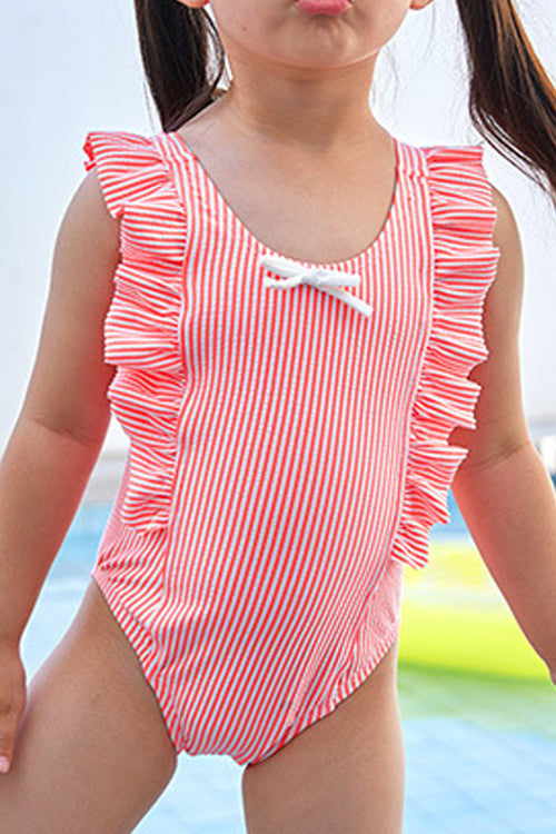 Baby Girls Trim Ruffled Bow Decoration Thin Striped swimsuit