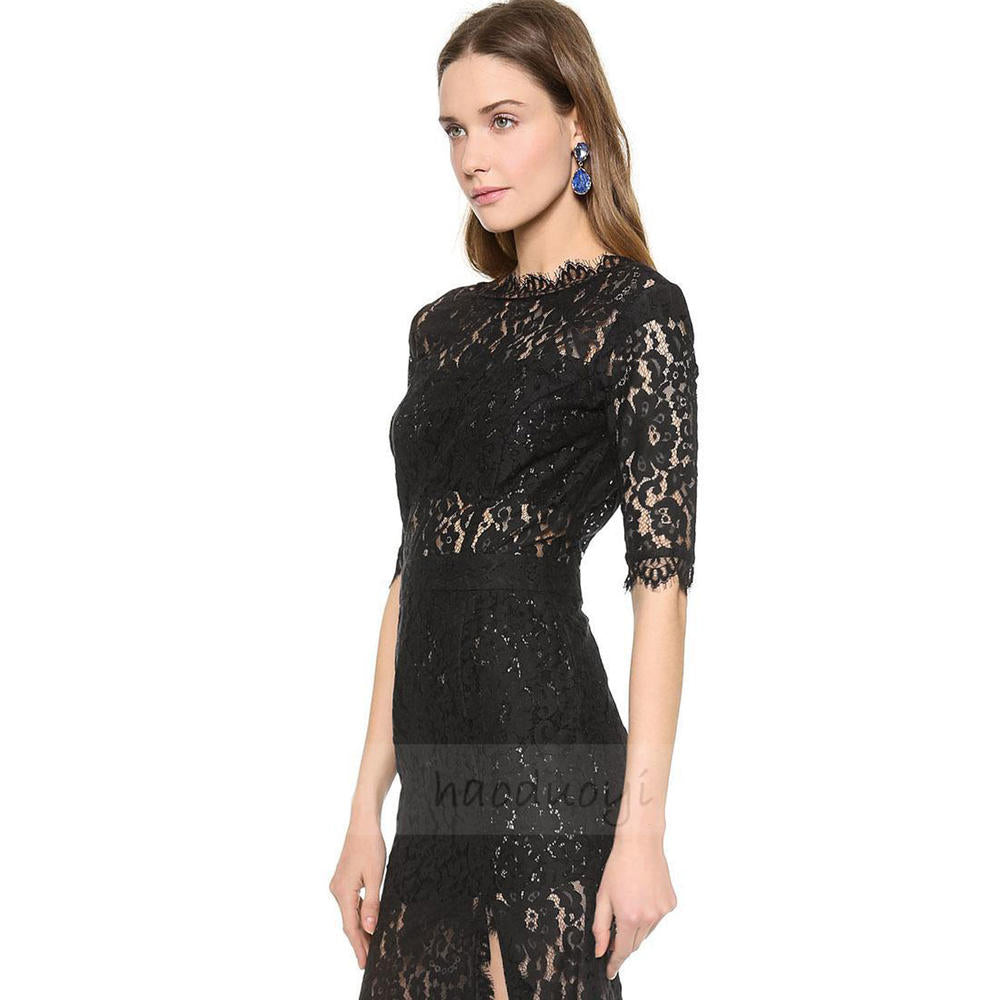 Women's Lace Decorated Dress One sided Open Leg Dress Full Length Dresses Black