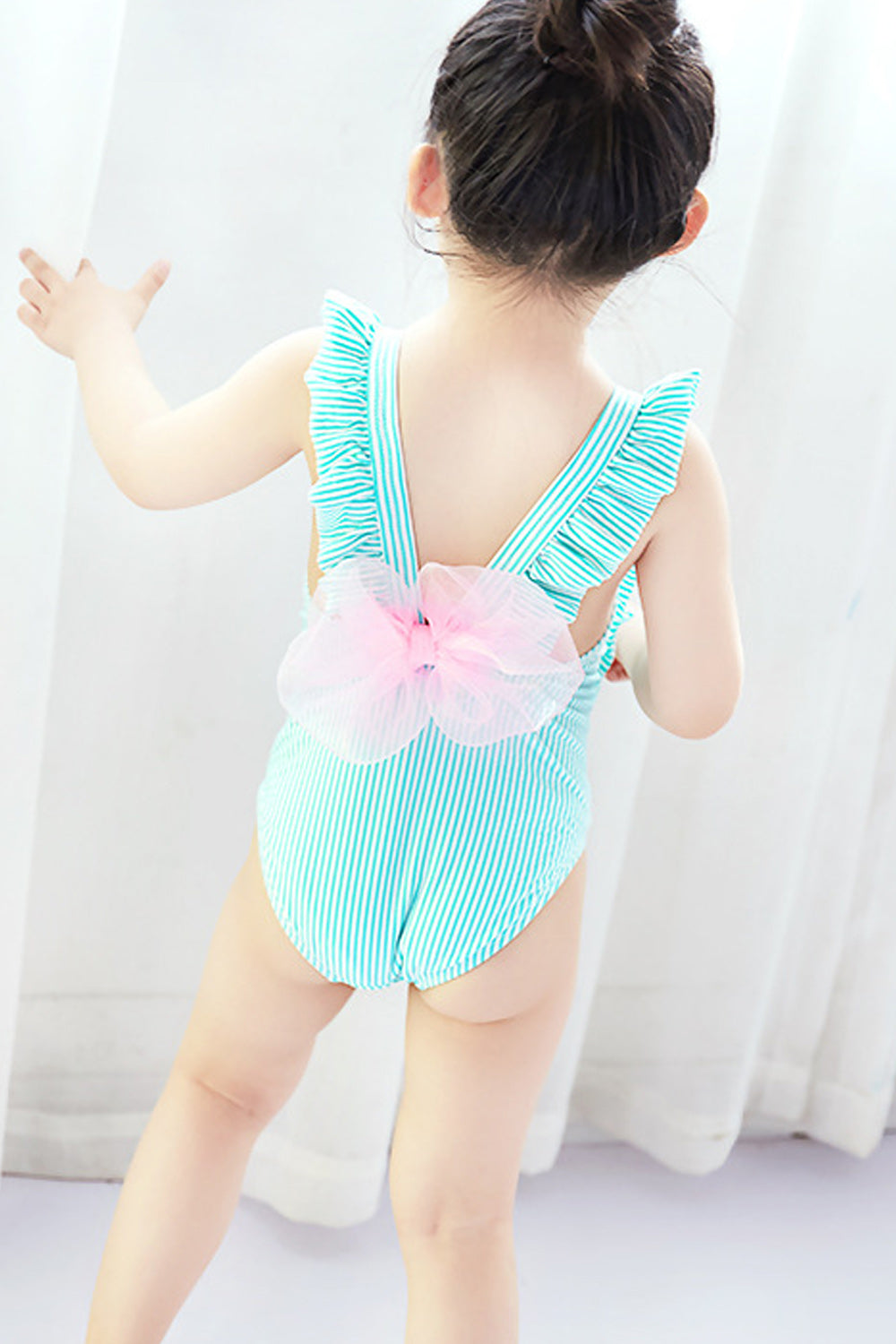 Toddler Girls Striped Pattern Cute Bow Mesh One Piece Swimwear
