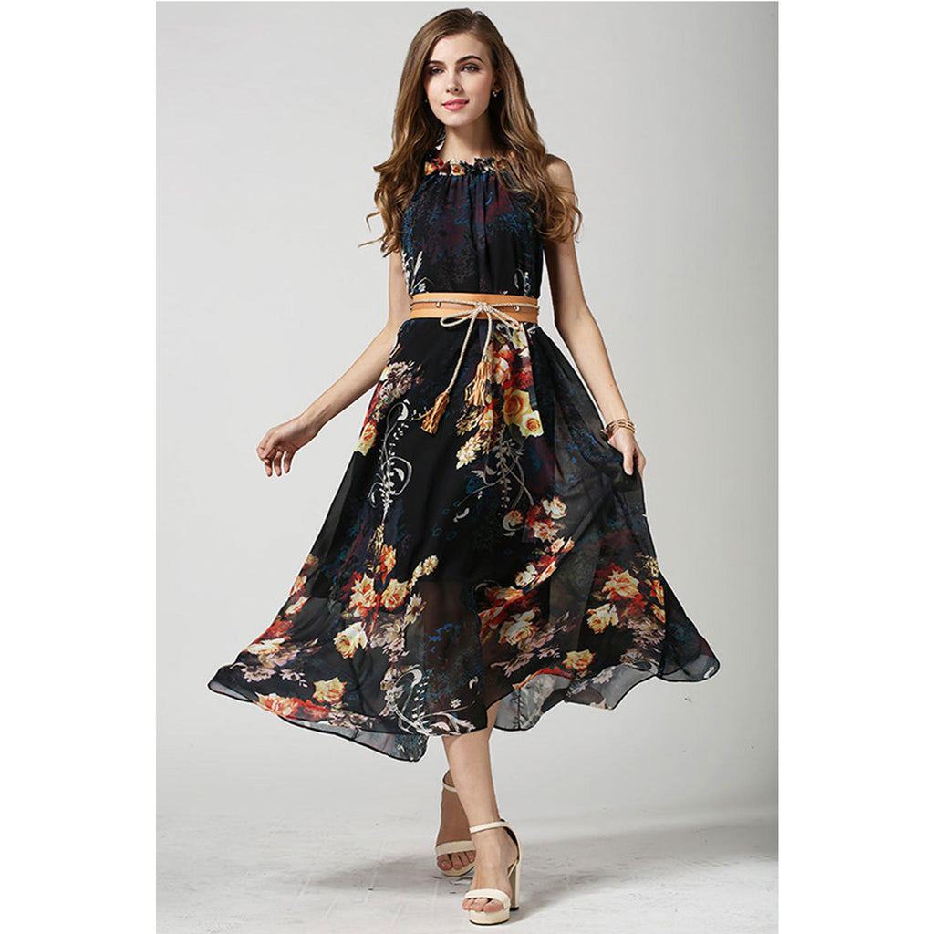 Women's Sleeveless High-Waist Printed Chiffon Dress