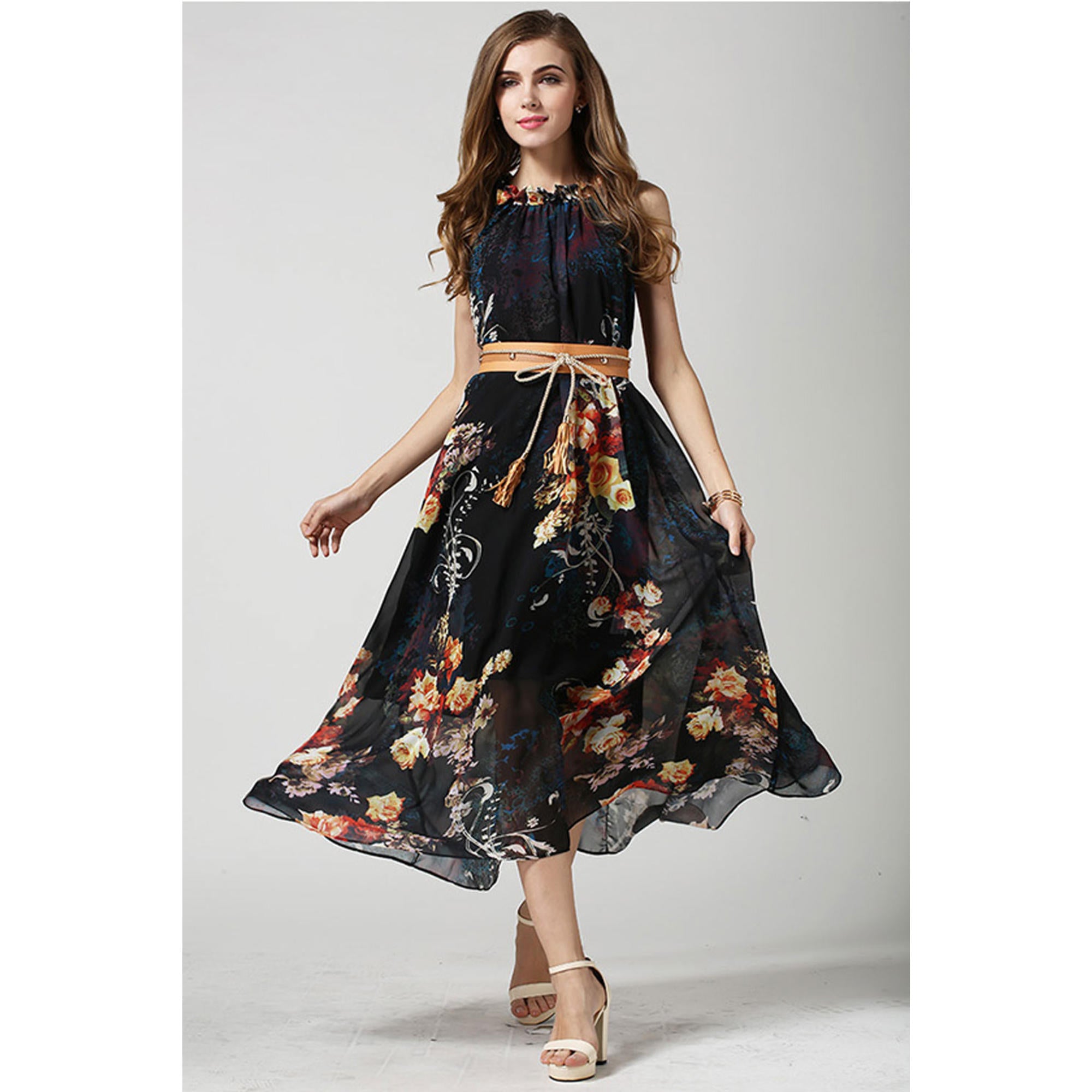 Women's Sleeveless High-Waist Printed Chiffon Dress