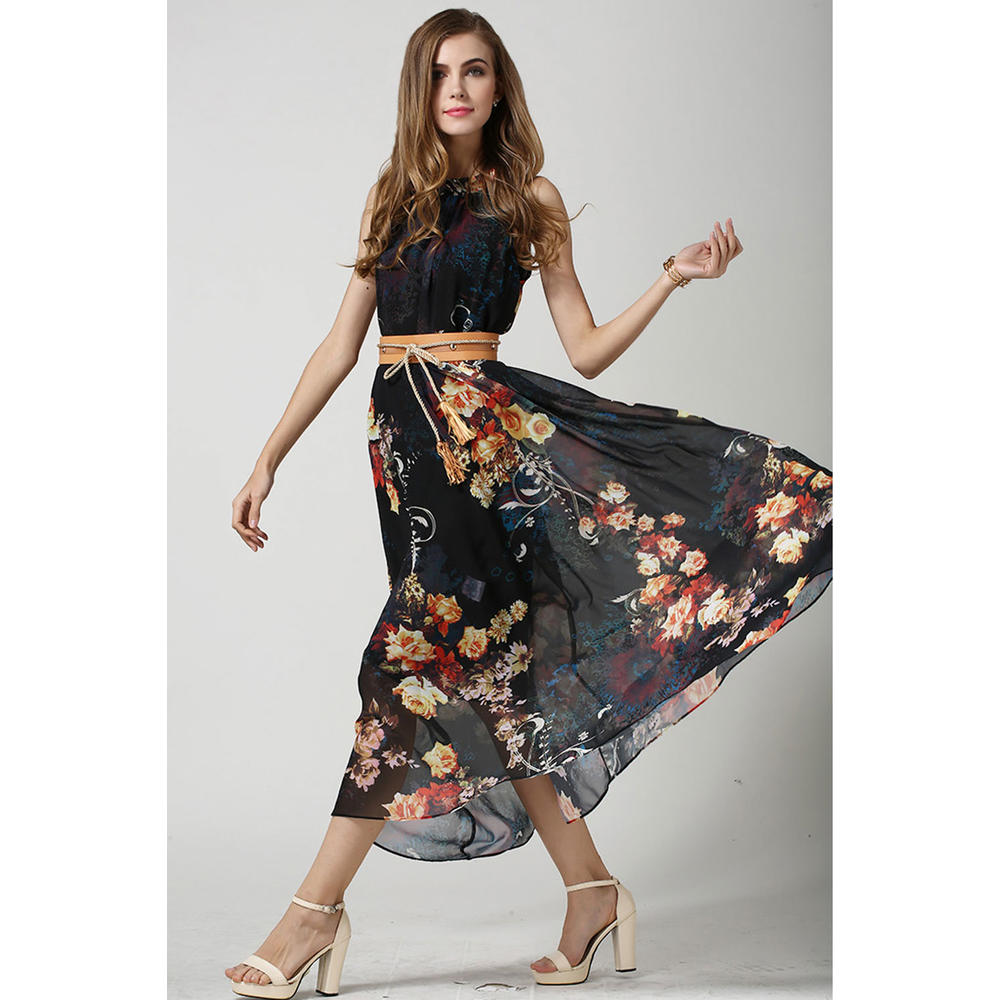 Women's Sleeveless High-Waist Printed Chiffon Dress
