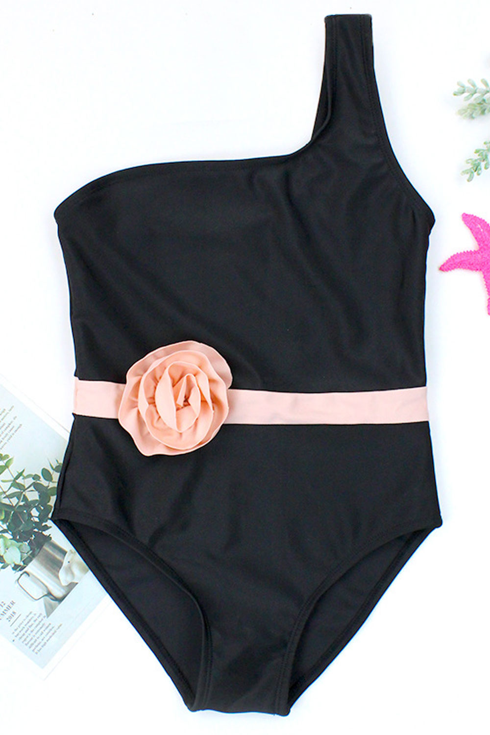 Baby Girls One Shoulder Flower Attached One Piece Swimsuit